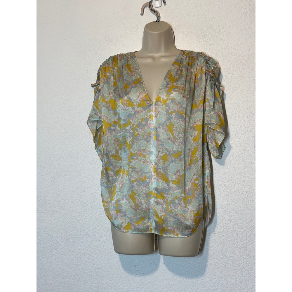 Vince Womens Yellow Blue Floral 100% Silk V-Neck Flutter Sleeve Blouse Small